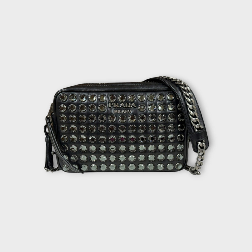 Prada Crystal Studs Chain Shoulder Bag Leather 1BH103 Black Silver Hardware 【A】