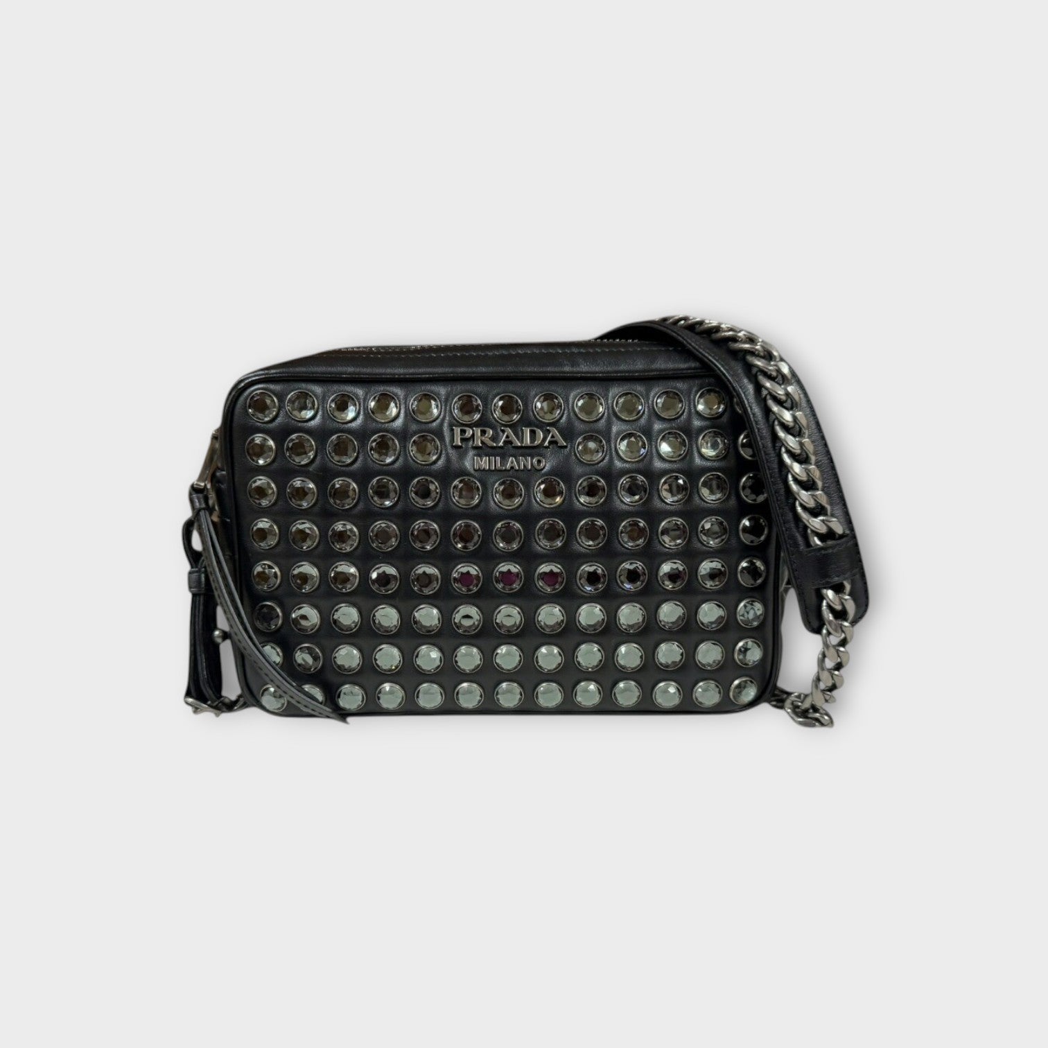 Prada Crystal Studs Chain Shoulder Bag Leather 1BH103 Black Silver Hardware 【A】