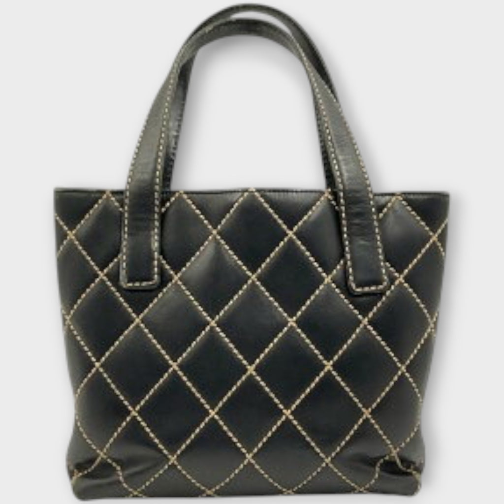 CHANEL A18126 Wild Stitch Tote Bag Leather Serial Seal Peeling Black x Beige