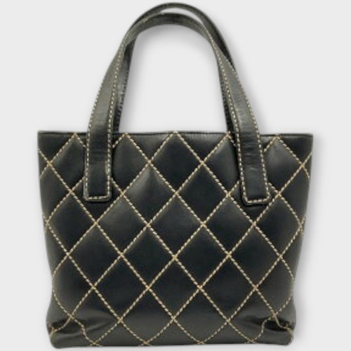 CHANEL A18126 Wild Stitch Tote Bag Leather Serial Seal Peeling Black x Beige