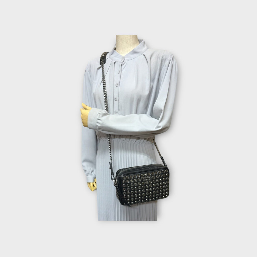 Prada Crystal Studs Chain Shoulder Bag Leather 1BH103 Black Silver Hardware 【A】