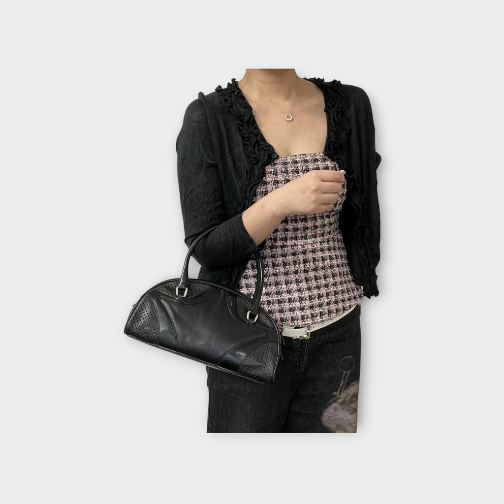 Prada Handbag Bowling Bag Black Leather Vintage Silver Hardware 【B】