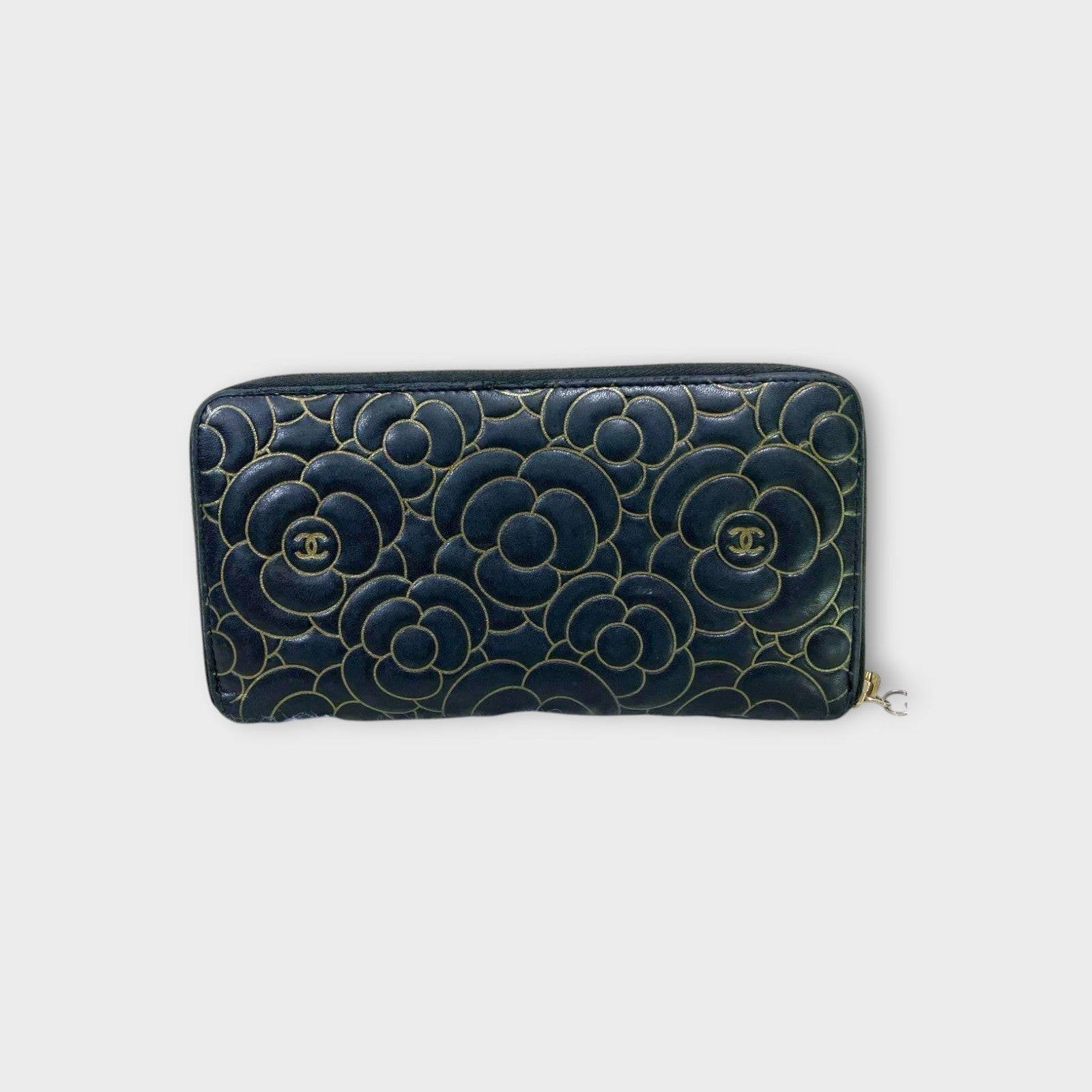 CHANEL Camellia Zippy Long Wallet with Gold Line and Coco Mark