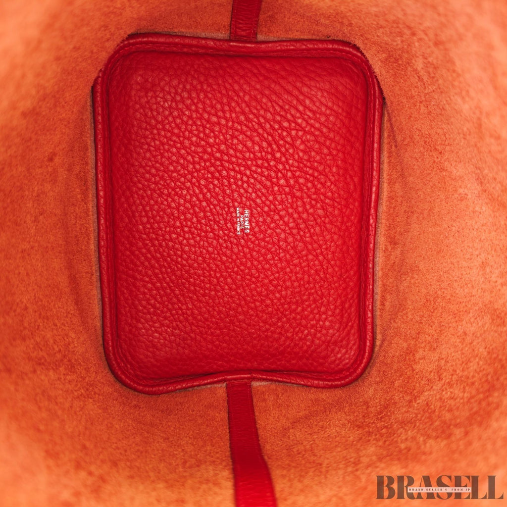 HERMES Picotin Lock MM Tote Bucket Handbag Leather Red w/ Dust Bag