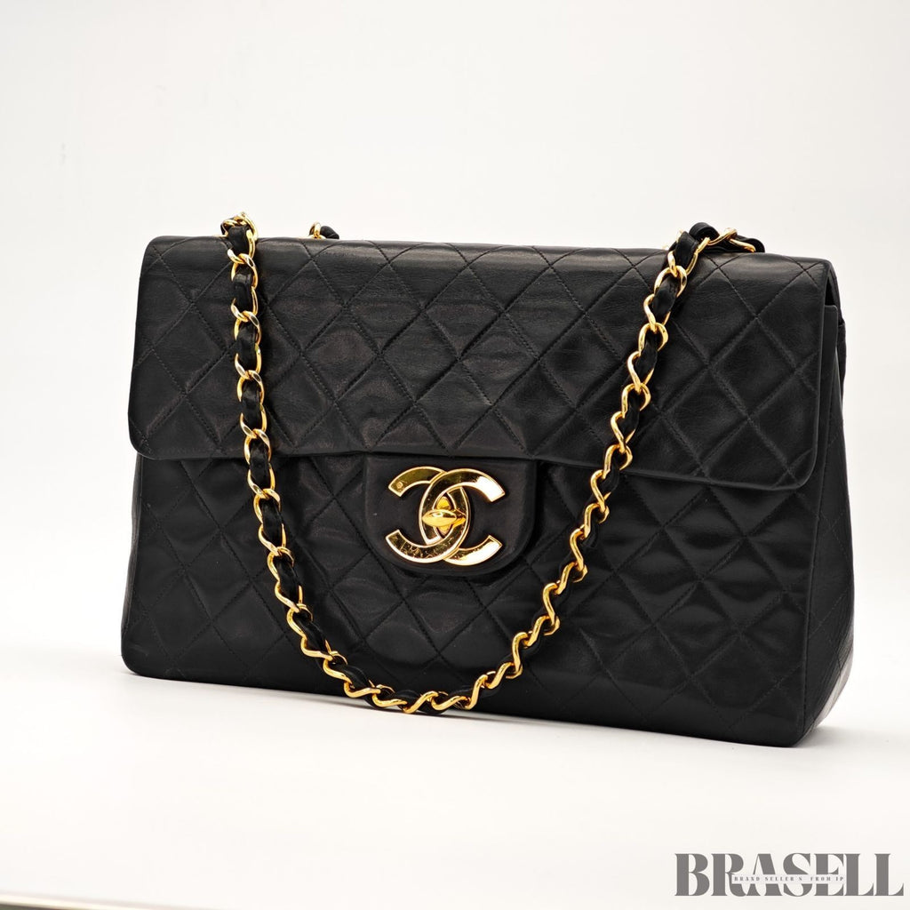 CHANEL Maxi Jumbo Matelasse Quilted Lambskin Chain Handbag Top Handle Bag Black