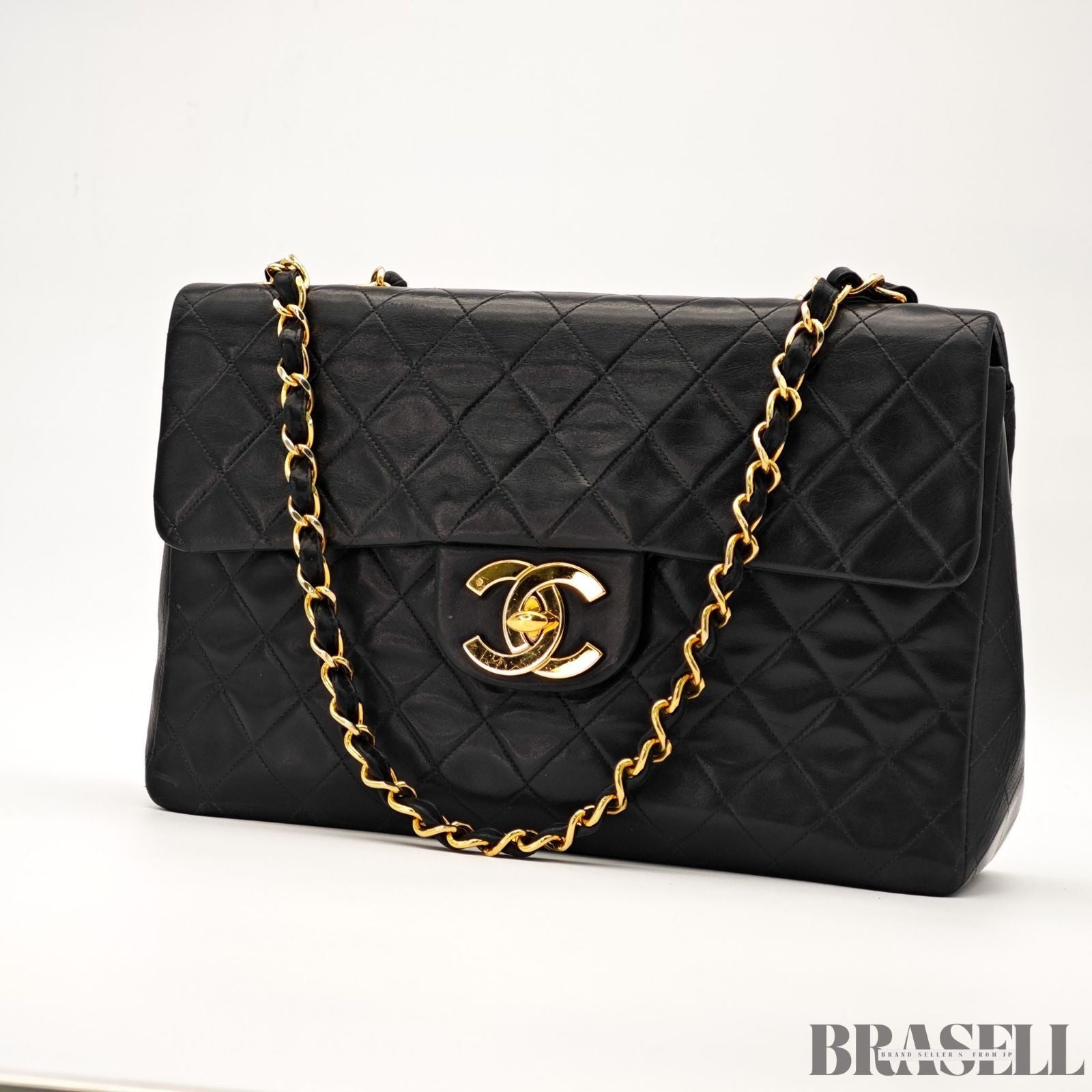 CHANEL Maxi Jumbo Matelasse Quilted Lambskin Chain Handbag Top Handle Bag Black