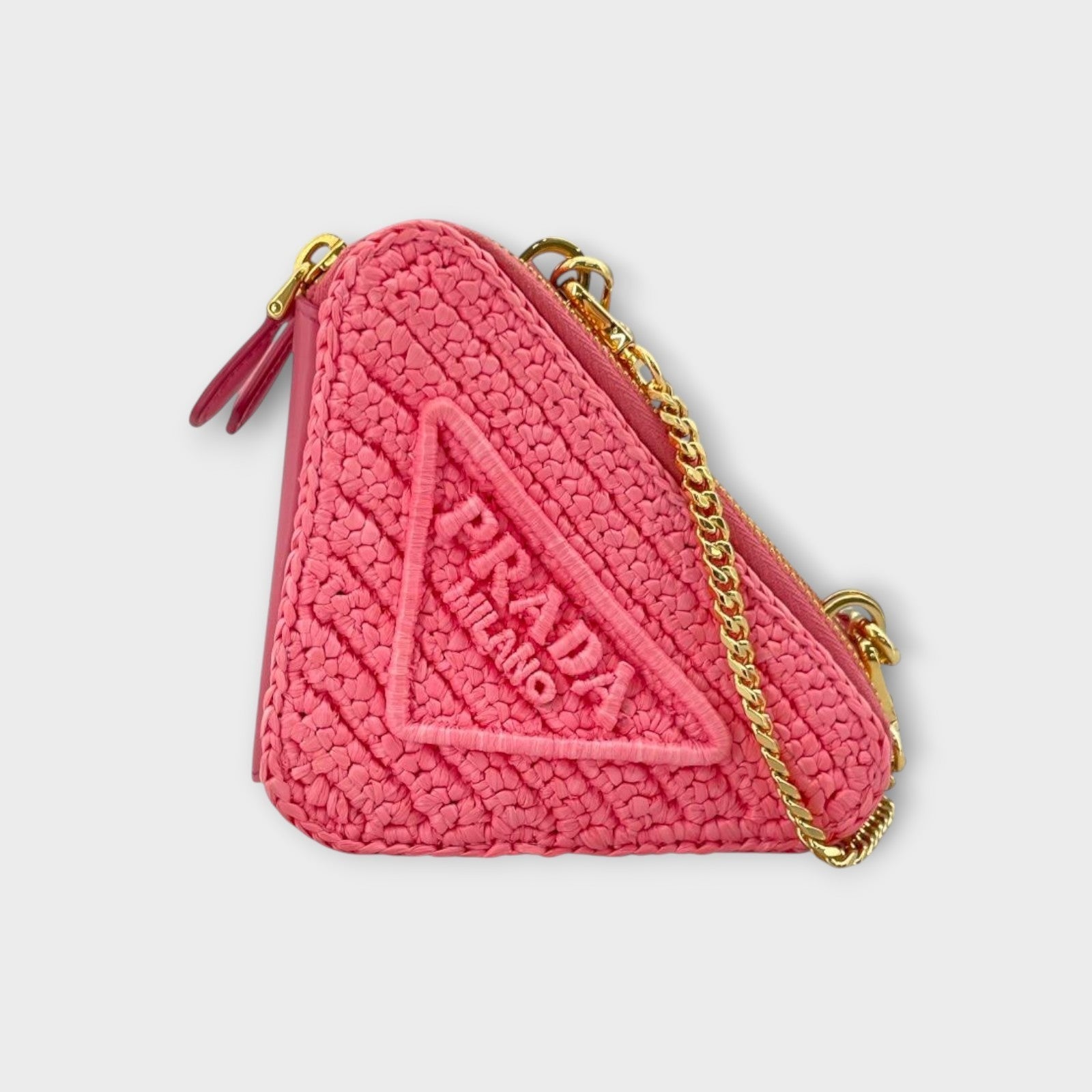 PRADA Triangle Shoulder 1NR015 Pink Gold Hardware Leather/Raffia Shoulder Bag