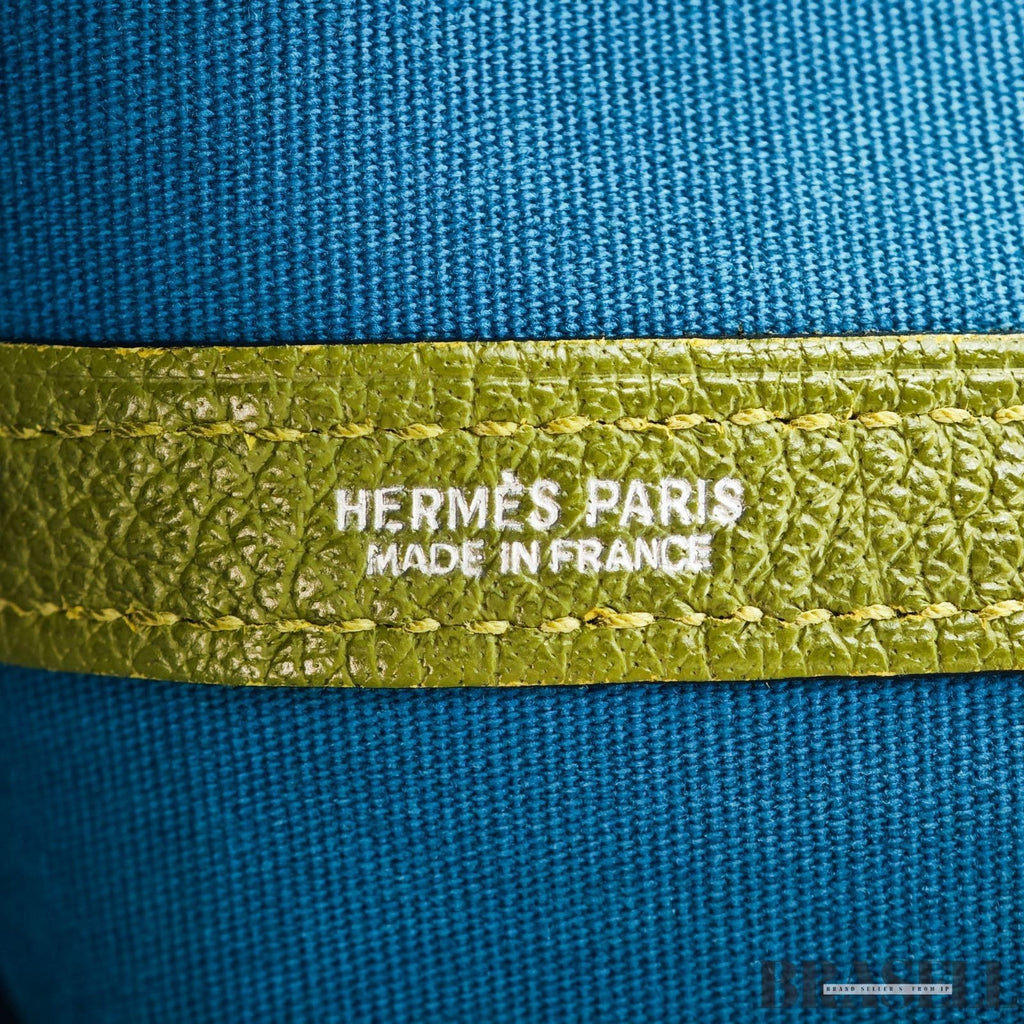 HERMES Garden Party MM Green Cobalt Canvas Leather Tote Bag Women’s