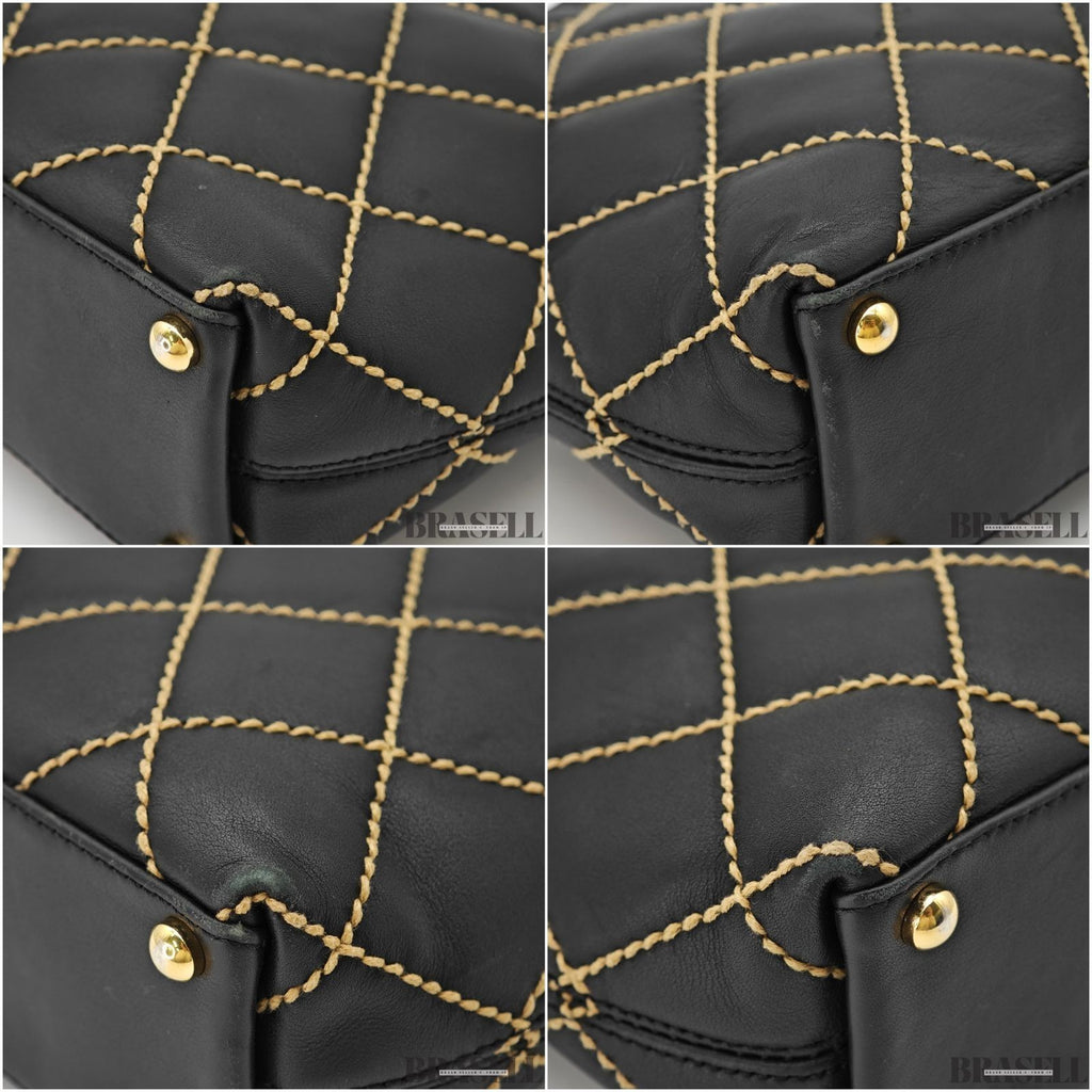 CHANEL Wild Stitch Tote Bag Handbag Calf Leather Black with Warranty Card