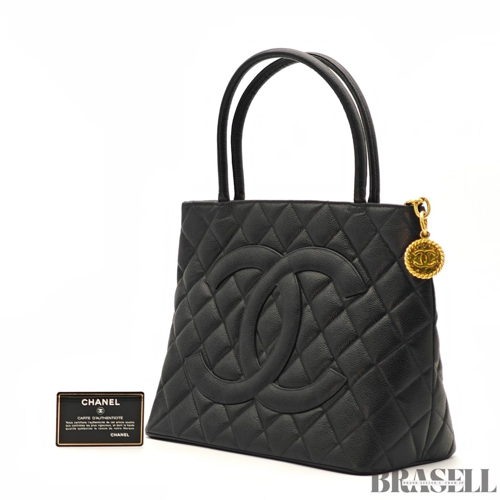 Chanel caviar skin A01804 Coco Mark Tote Bag Handbag Black Women Guarantee Card