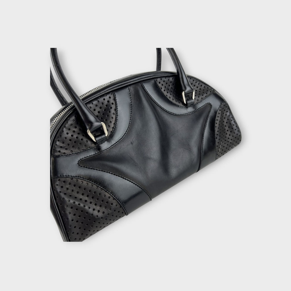 Prada Handbag Bowling Bag Black Leather Vintage Silver Hardware 【B】