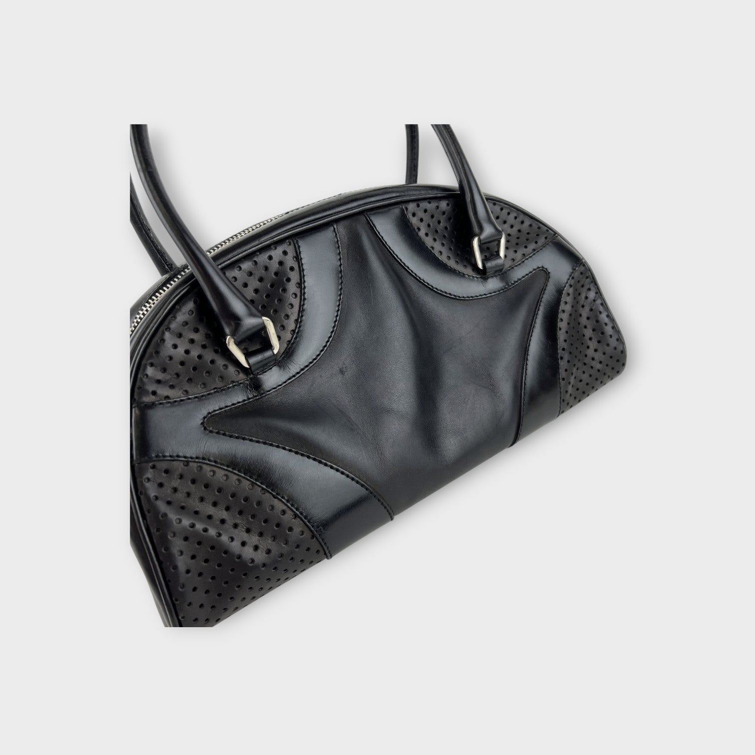 Prada Handbag Bowling Bag Black Leather Vintage Silver Hardware 【B】