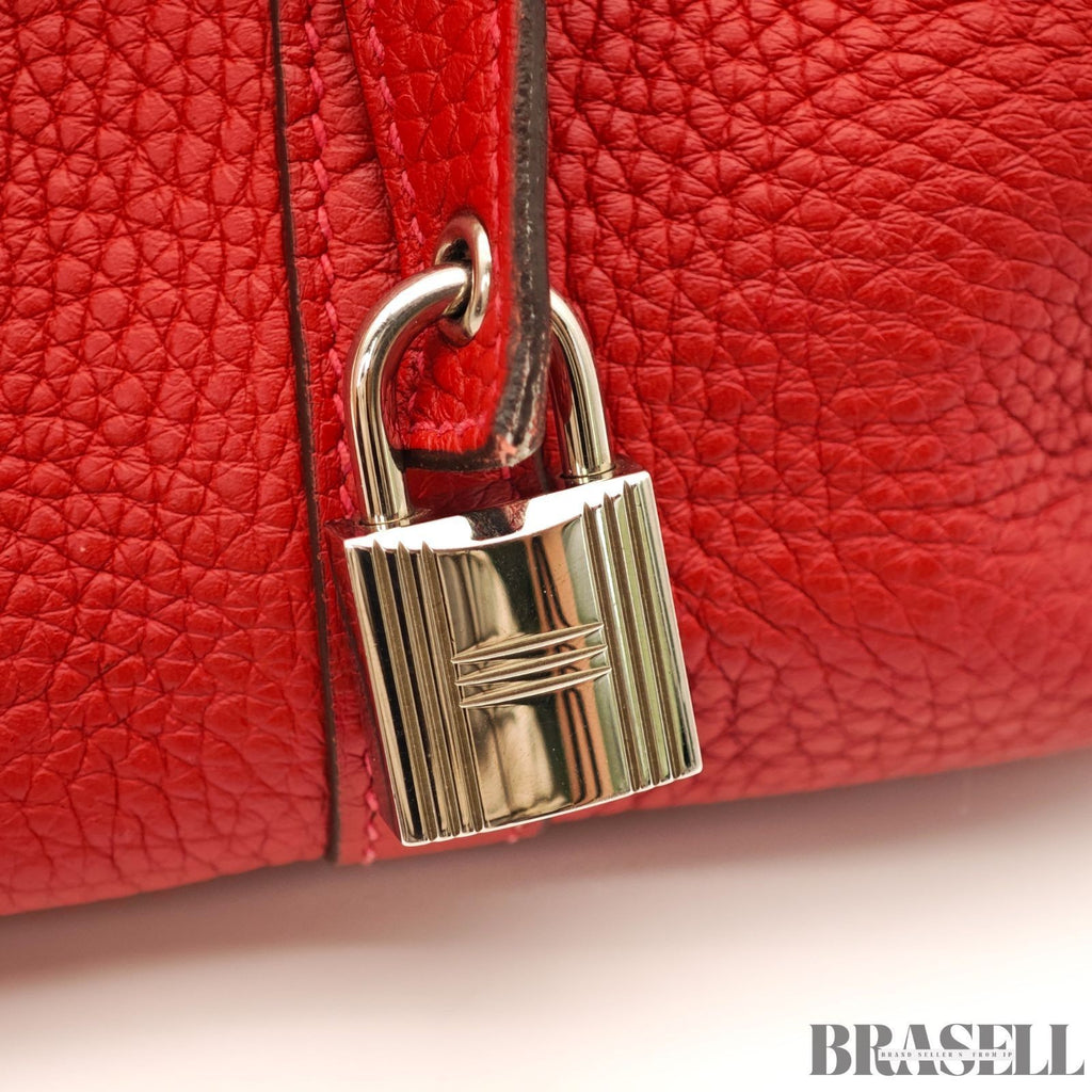 HERMES Picotin Lock Red Handbag Tote Bag Leather Silver Hardware with Padlock