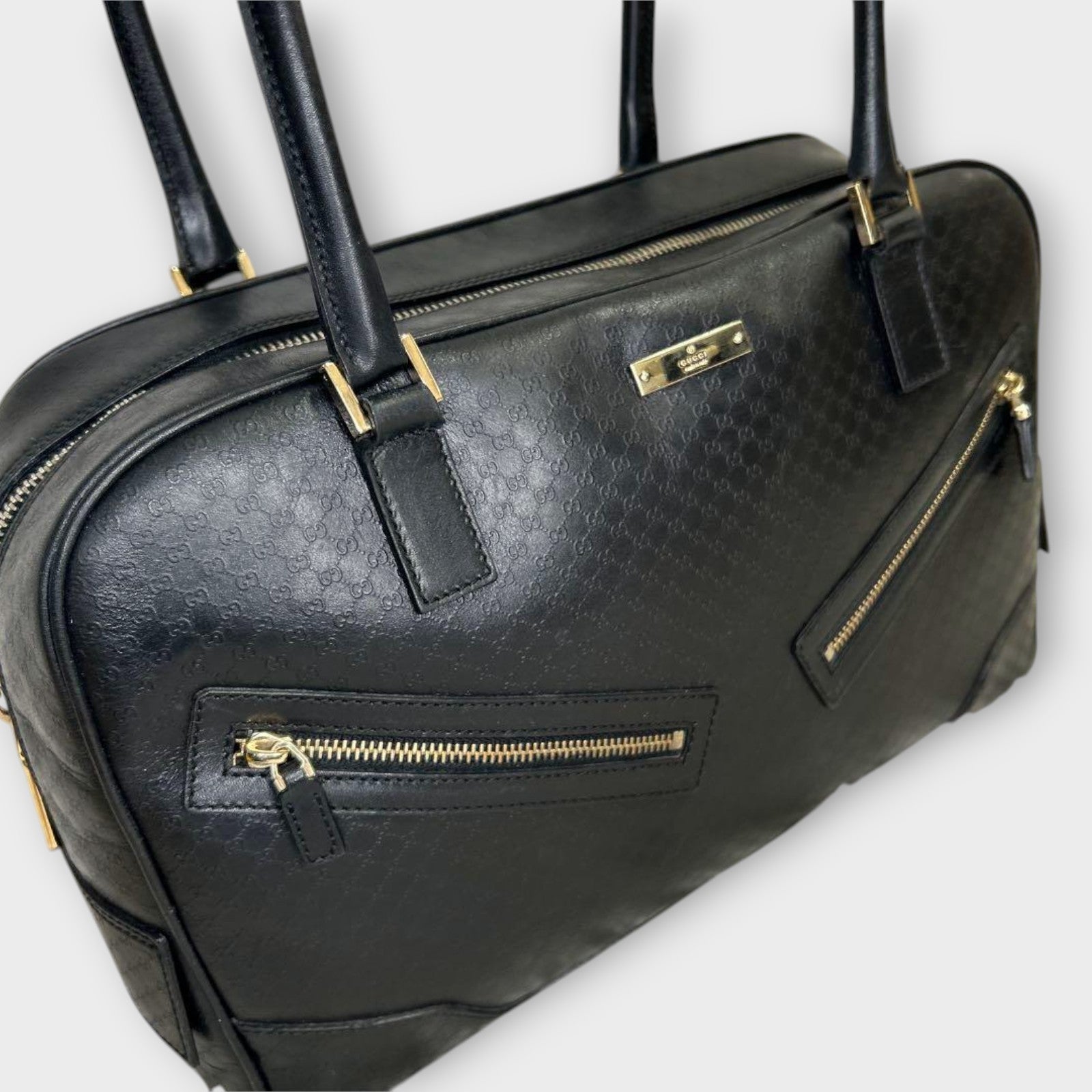 GUCCI Mini Boston Bag Handbag Logo Microguccissima Black Leather