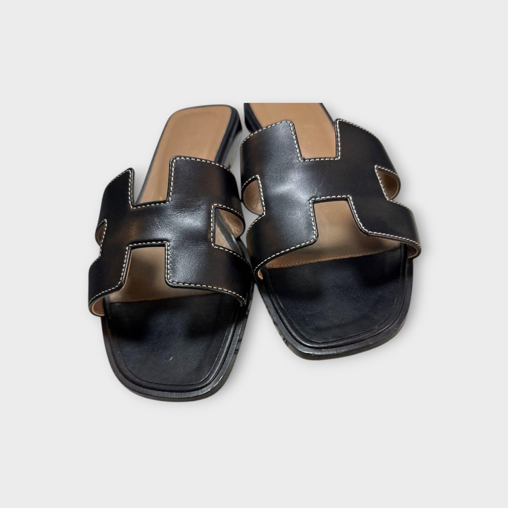 Hermès Oran Leather Sandals Ladies Mules Size US 6.5 UK 6 EU 37 Black 【B】