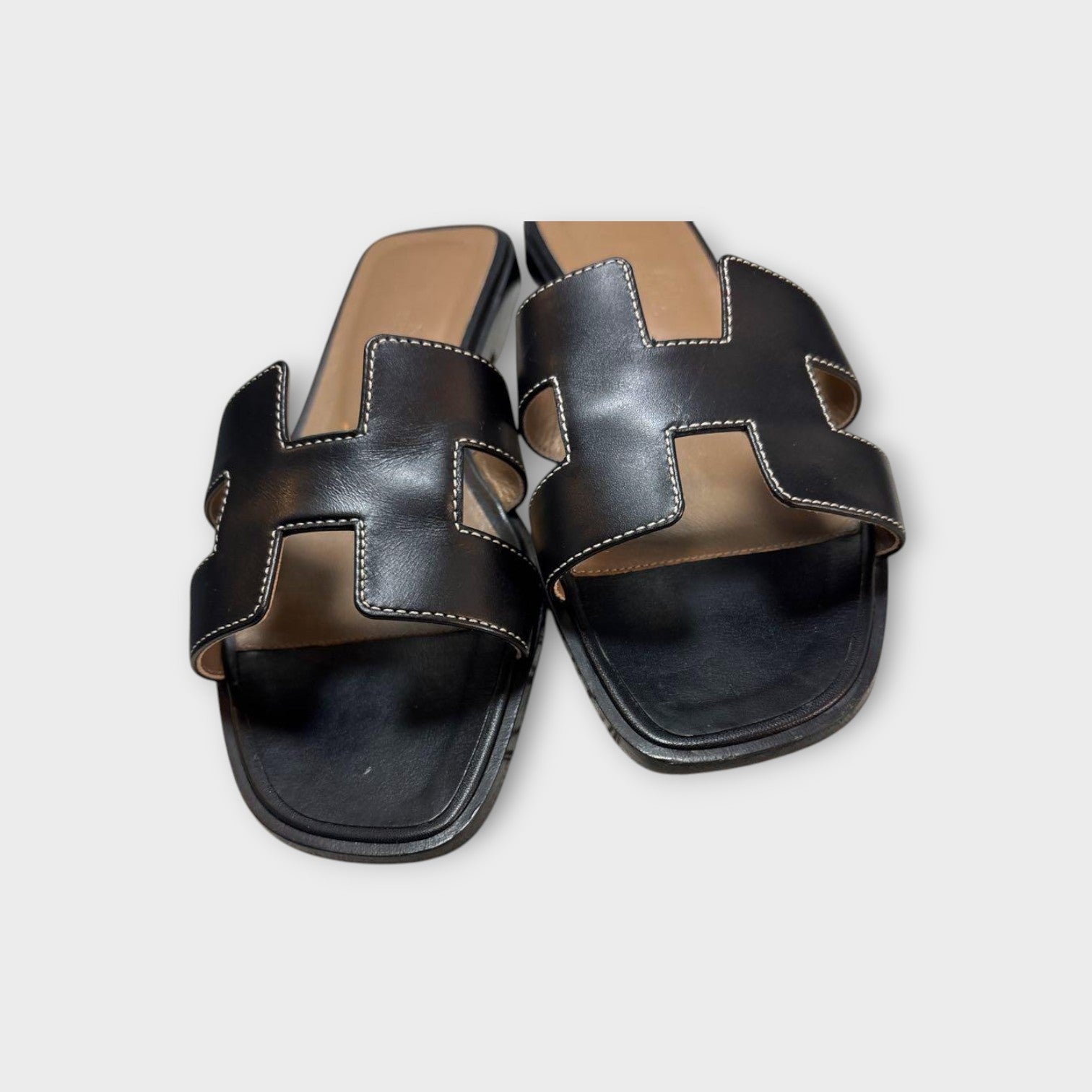 Hermès Oran Leather Sandals Ladies Mules Size US 6.5 UK 6 EU 37 Black 【B】