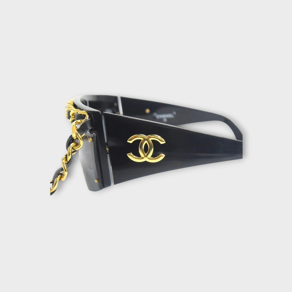 CHANEL Chain Sunglasses Coco Mark 0027 90 Leather Metal Black 【A】