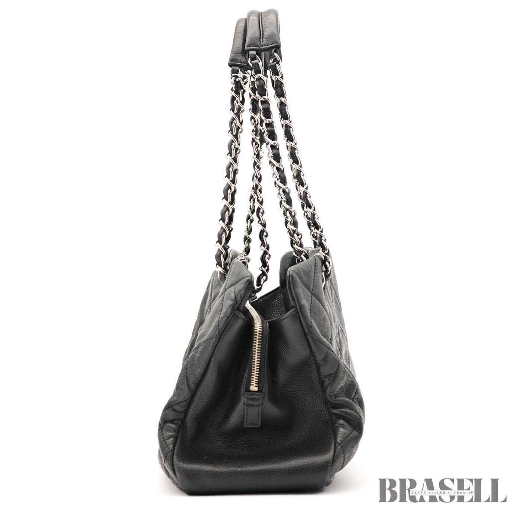 CHANEL Deca Coco Chain Tote Bag Black Caviar Leather Shoulder Bag Warranty Card