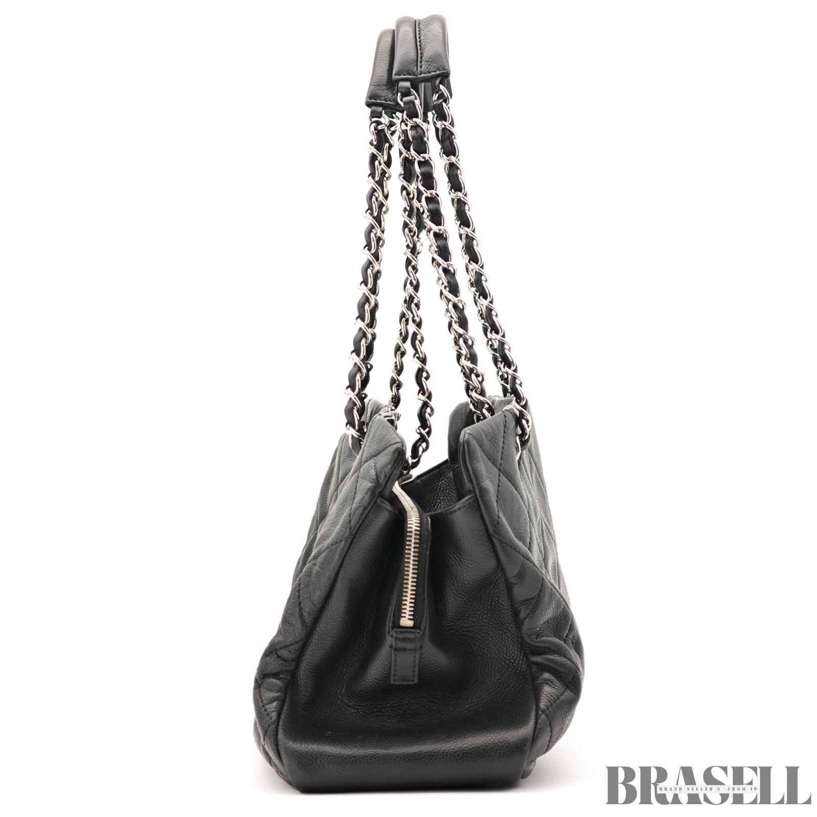 CHANEL Deca Coco Chain Tote Bag Black Caviar Leather Shoulder Bag Warranty Card