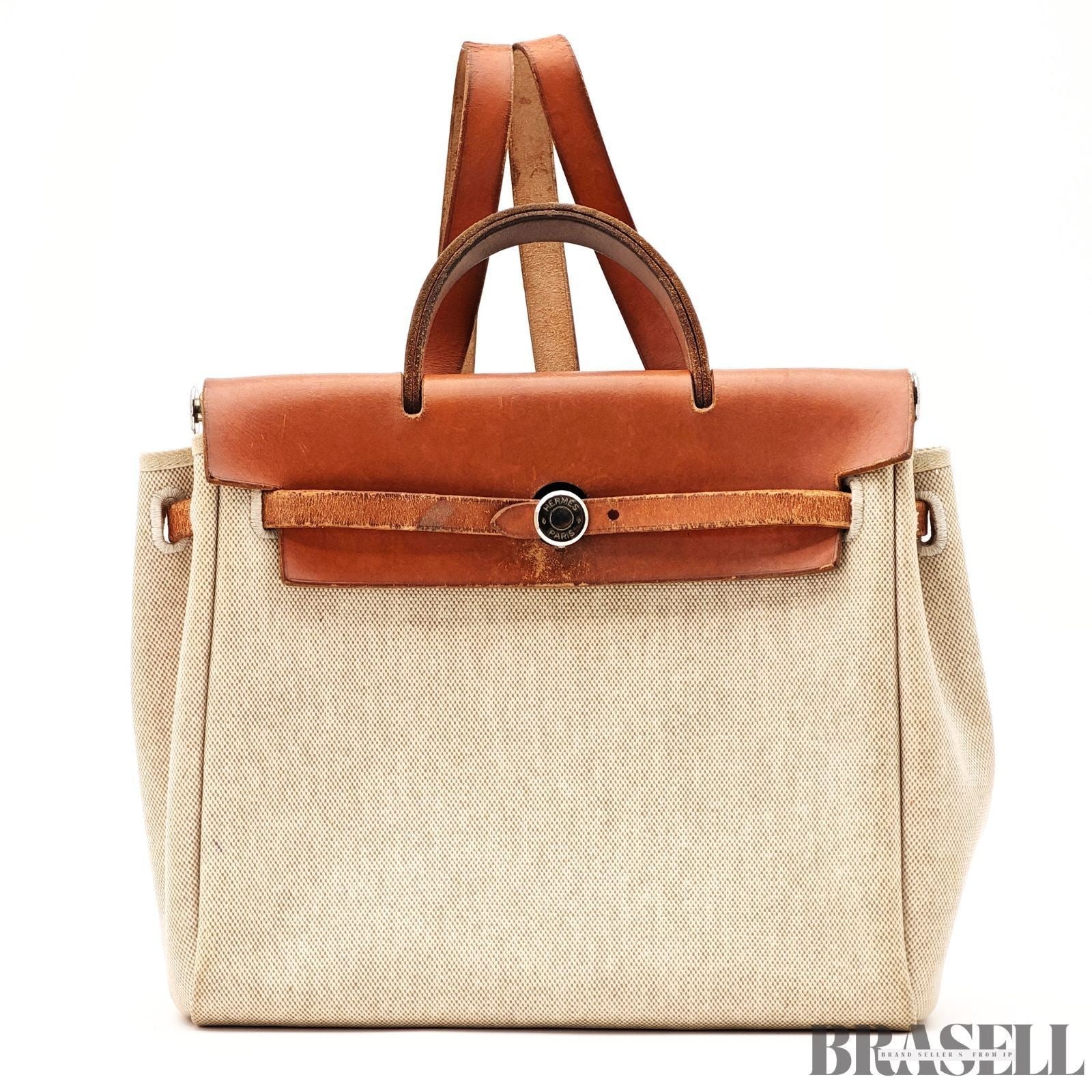 Hermès Herbag MM Handbag Trapezoid Canvas Large Beige Unisex With Padlock