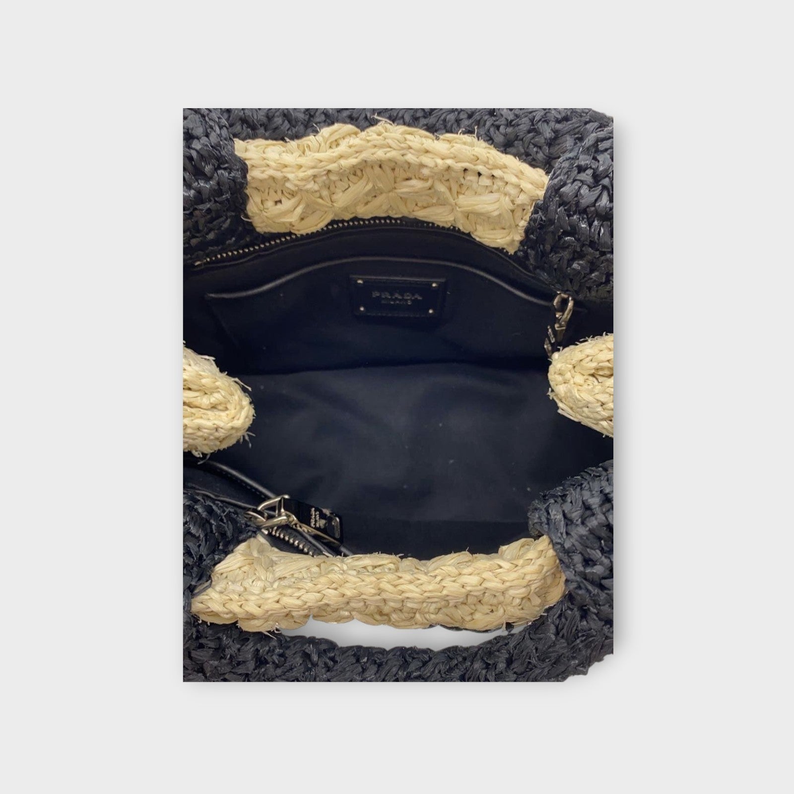 PRADA Raffia Tote Bag Shoulder Strap Bicolor Black Ivory