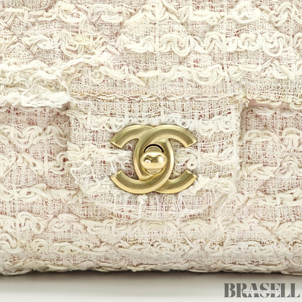 Chanel Matelassé Tweed Chain Shoulder Bag Pink White  Woman