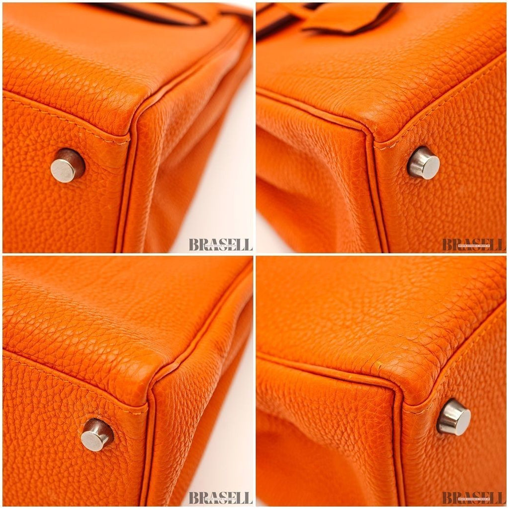 HERMES Kelly 28 Orange Silver Metal Taurillon Clemence 2way Handbag Shoulder Bag