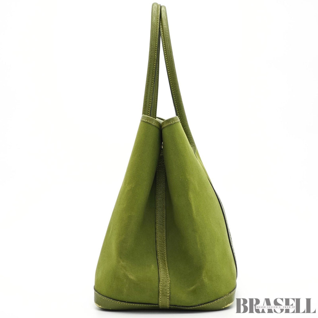 HERMES Garden Party MM Green Cobalt Canvas Leather Tote Bag Women’s