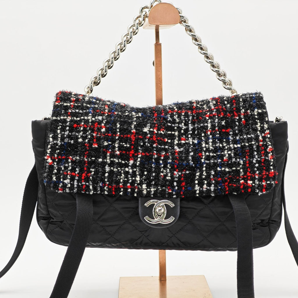 CHANEL Tweed Nylon Chain Shoulder Matelassé Handbag Black Women’s
