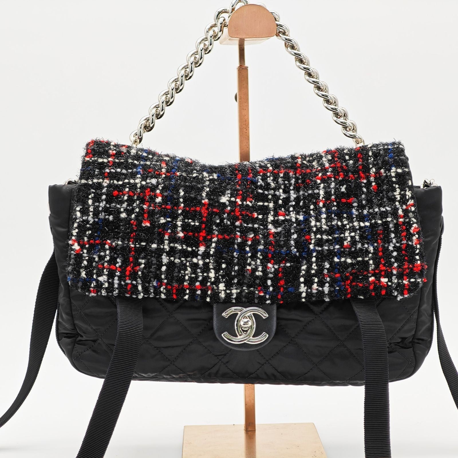 CHANEL Tweed Nylon Chain Shoulder Matelassé Handbag Black Women’s