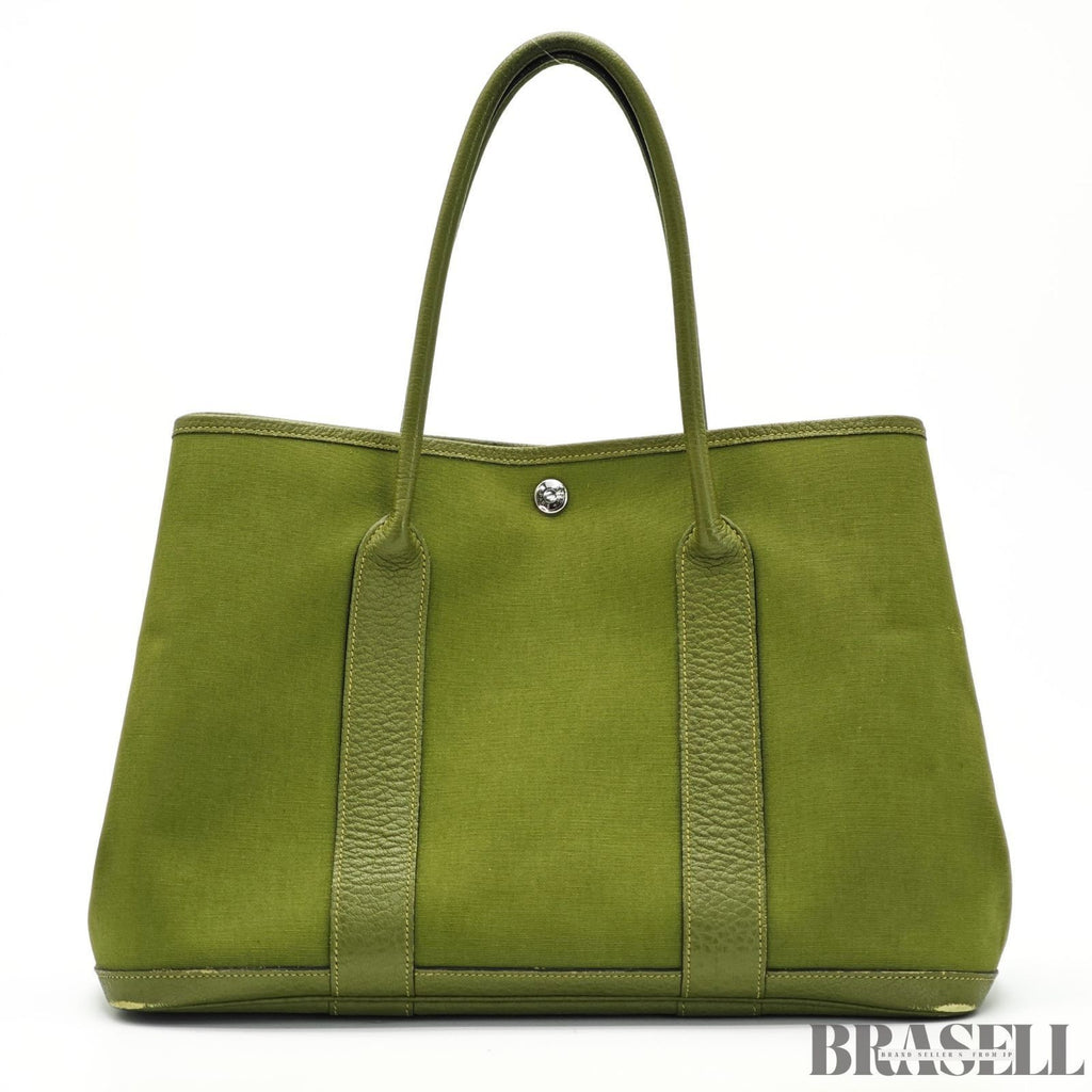 HERMES Garden Party MM Green Cobalt Canvas Leather Tote Bag Women’s