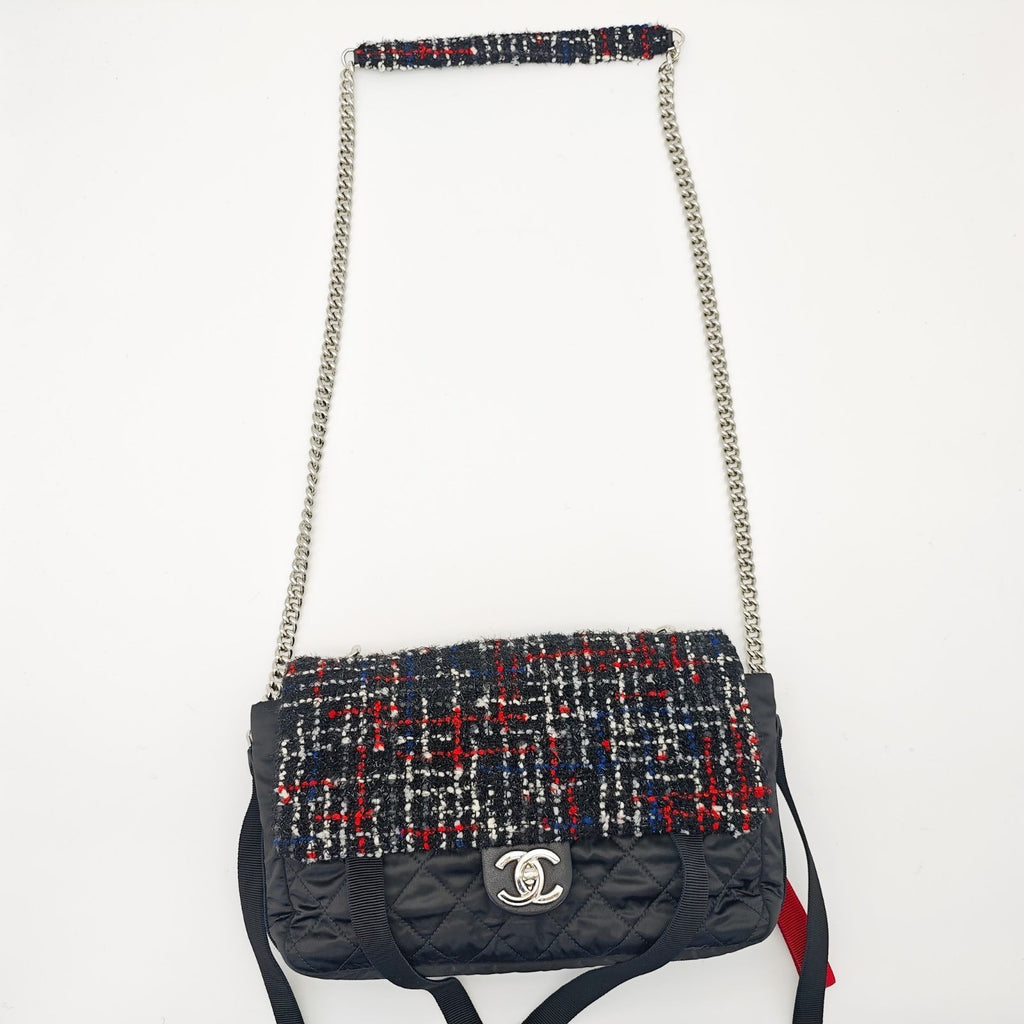 CHANEL Tweed Nylon Chain Shoulder Matelassé Handbag Black Women’s