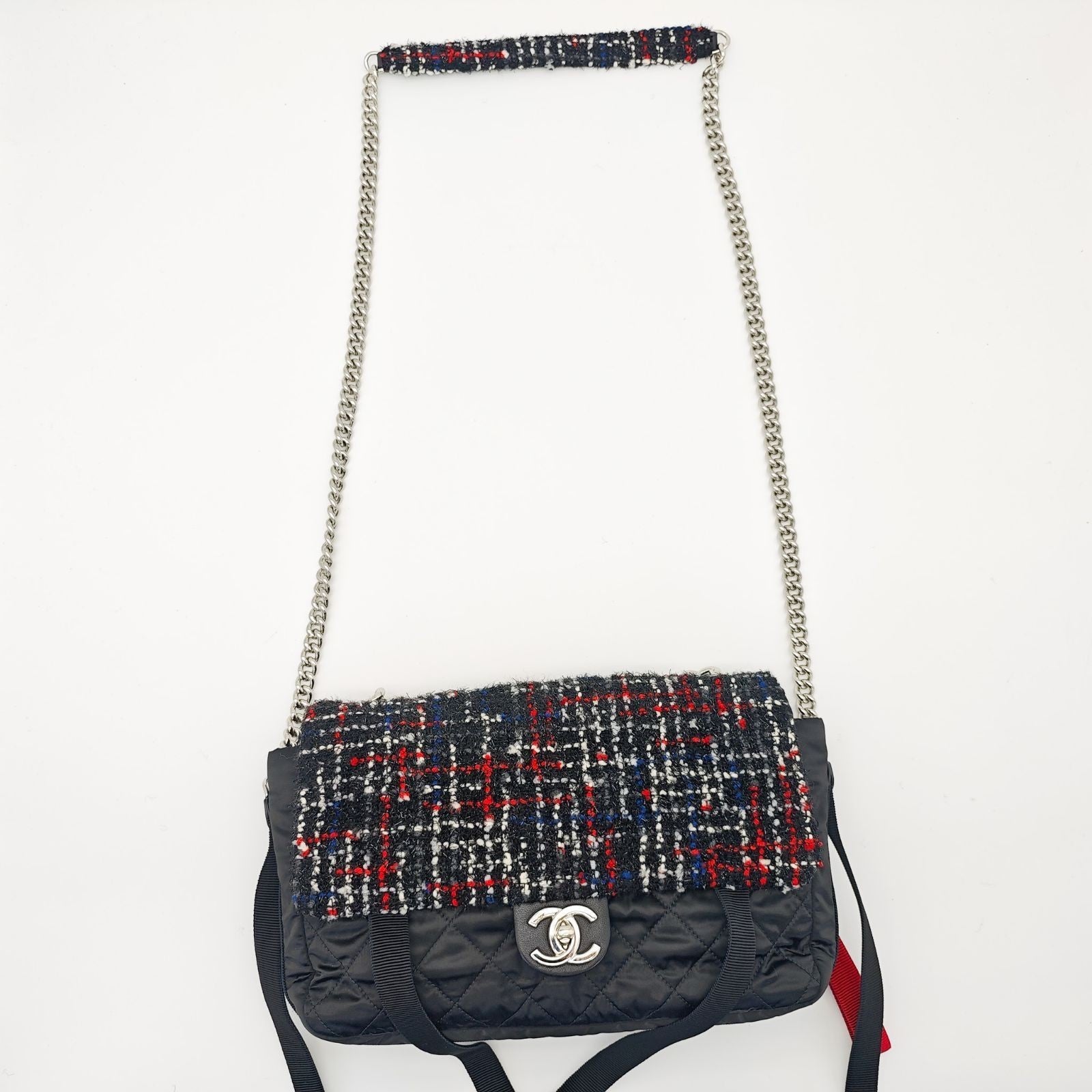 CHANEL Tweed Nylon Chain Shoulder Matelassé Handbag Black Women’s