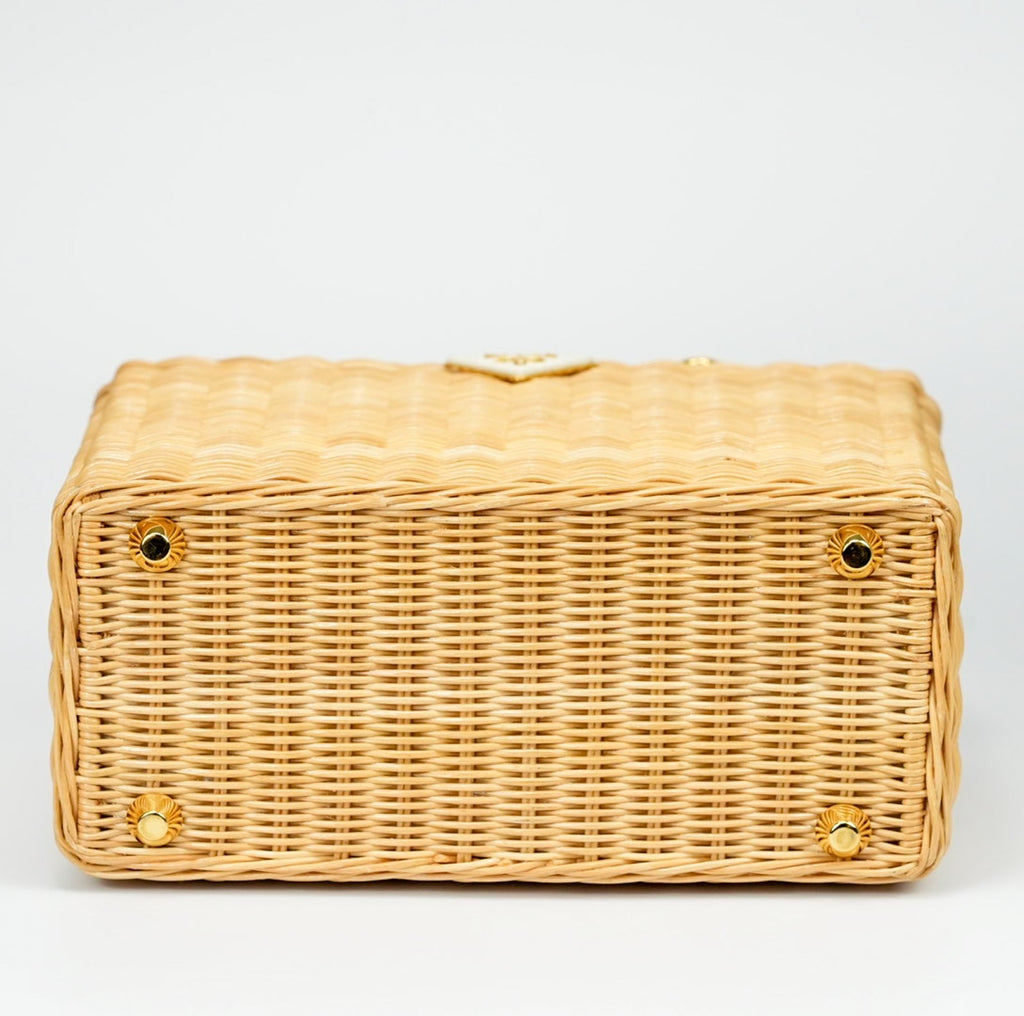 PRADA Canapa Wicker Basket Bag Rattan Raffia 2Way Beige White hand shoulder 【B】