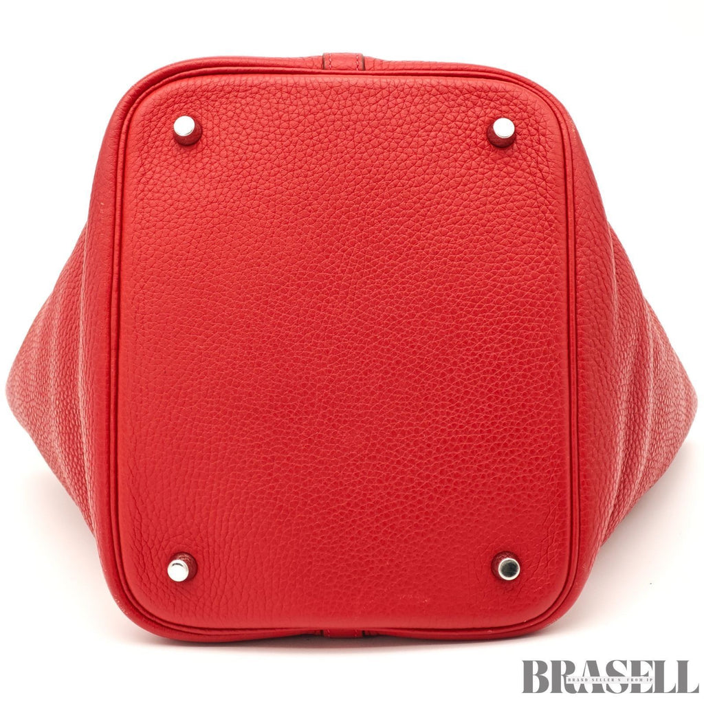 HERMES Picotin Lock Red Handbag Tote Bag Leather Silver Hardware with Padlock