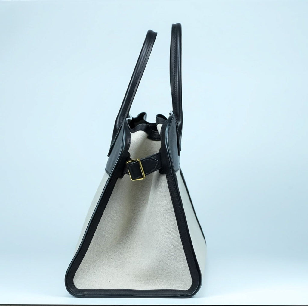 THE ROW Margaux 15 Canvas and Leather Handbag in Black and Beige