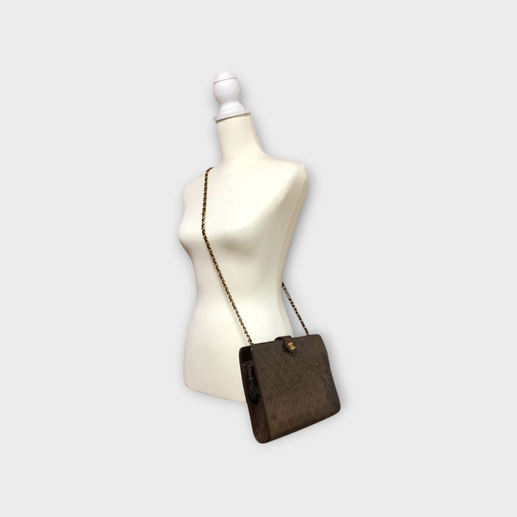 CHANEL Matelassé Lambskin Chain Shoulder Bag Fringe Gold Coco Mark Brown 【B】