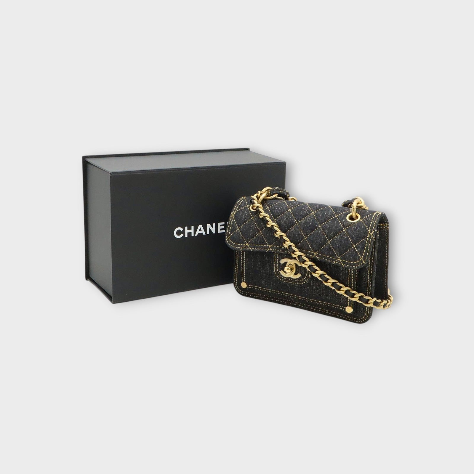 CHANEL Matelassé Coco Mark Chain 2-Way Handbag Denim & Leather Navy Blue AS4051