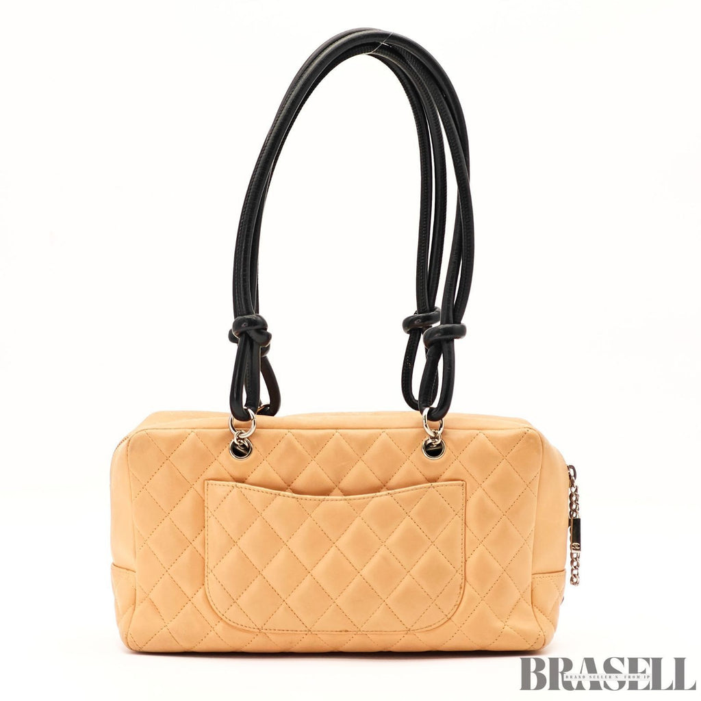 CHANEL Cambon Bowling Bag Handbag Leather Beige Black France Women