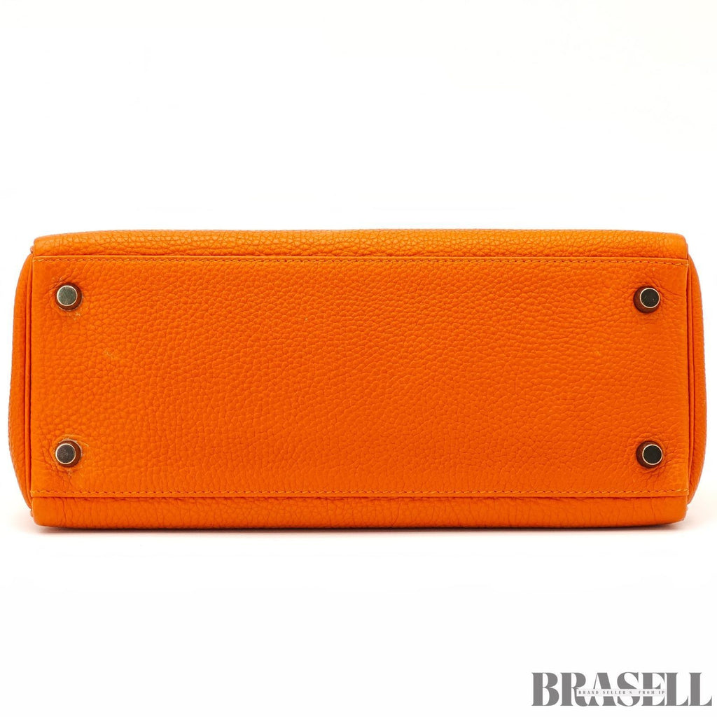 HERMES Kelly 28 Orange Silver Metal Taurillon Clemence 2way Handbag Shoulder Bag