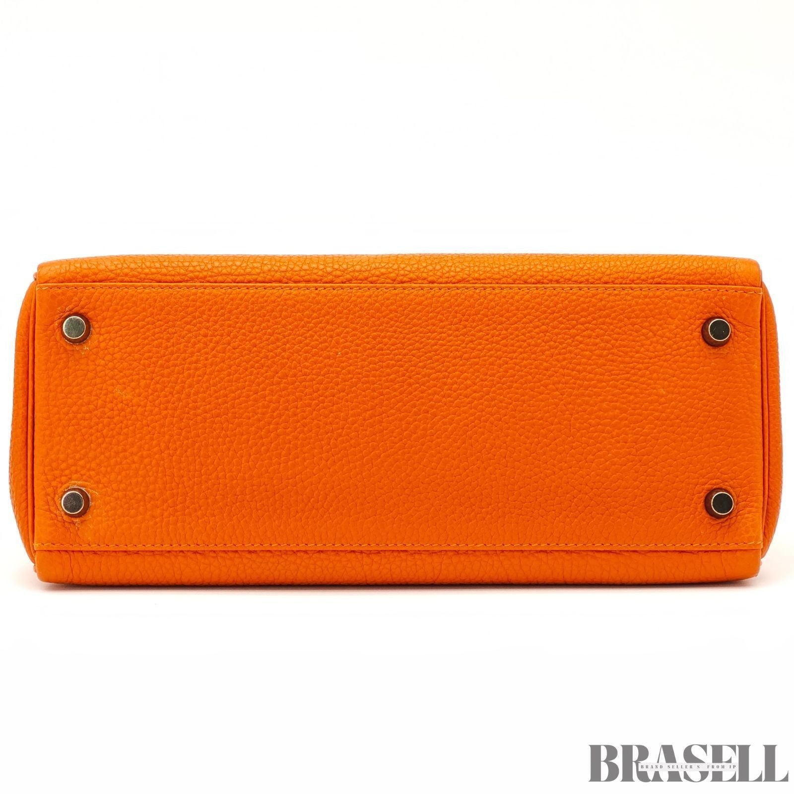HERMES Kelly 28 Orange Silver Metal Taurillon Clemence 2way Handbag Shoulder Bag