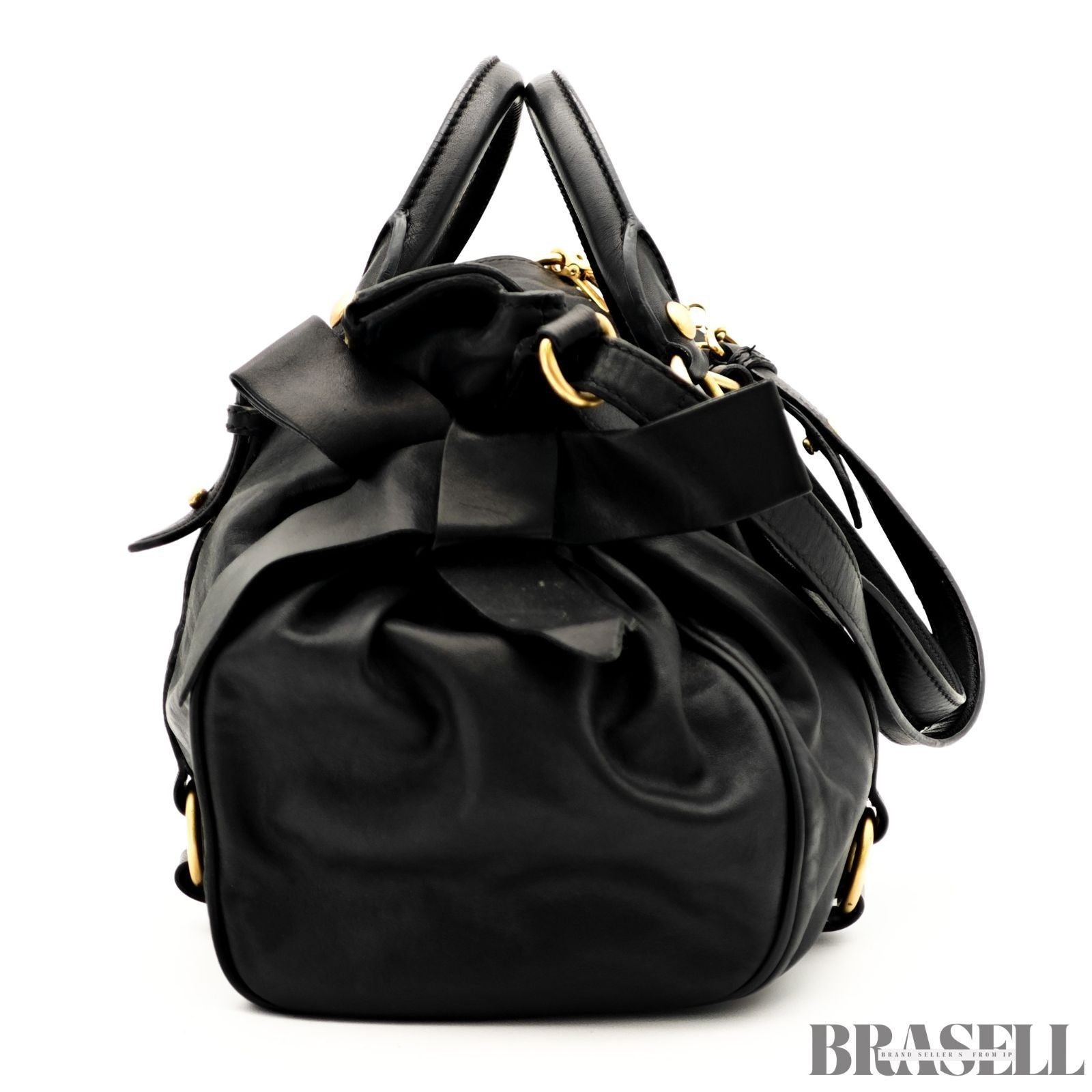 Miu Miu Ribbon 2Way Handbag Leather Black Shoulder Bag Woman Shoulder Strap