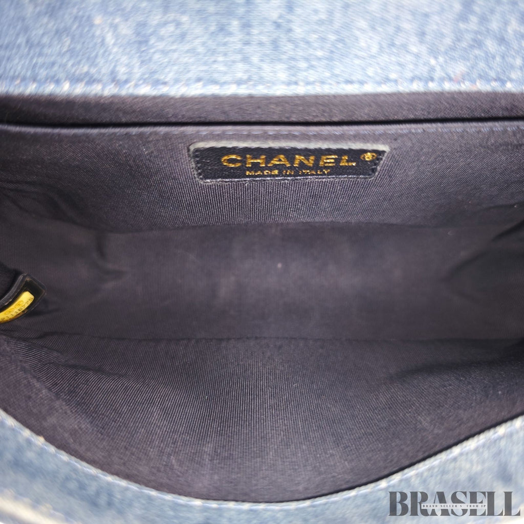 Chanel Boy Chanel Patchwork Chain Shoulder Bag Blue Gold Denim w/Box Dust Bag