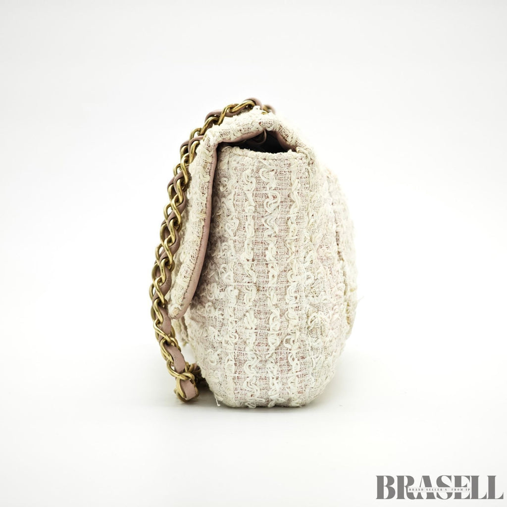Chanel Matelassé Tweed Chain Shoulder Bag Pink White  Woman