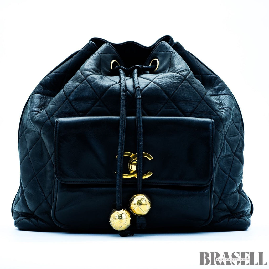 Chanel Vintage Matelassé Drawstring Backpack Rucksack Bag Black Women