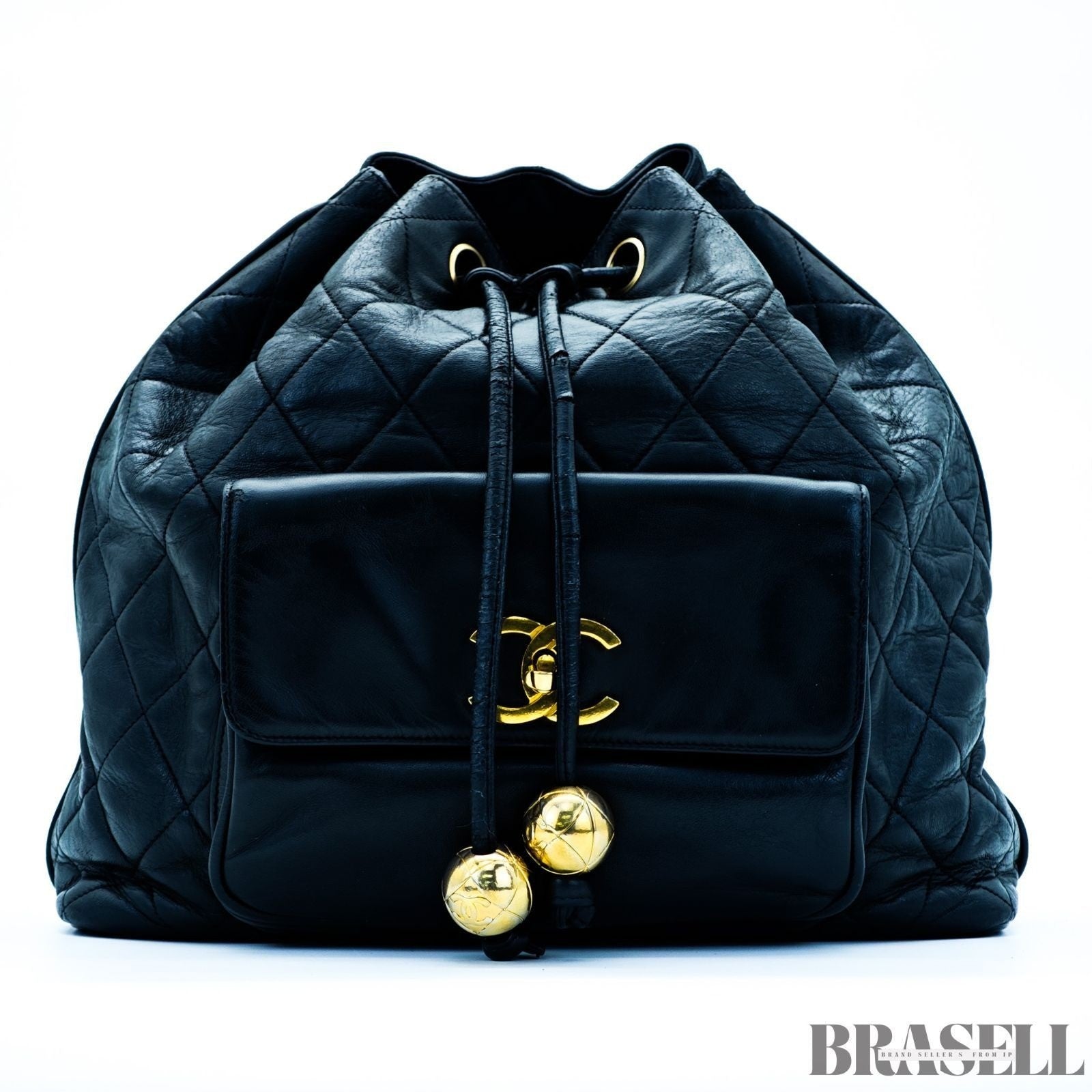 Chanel Vintage Matelassé Drawstring Backpack Rucksack Bag Black Women