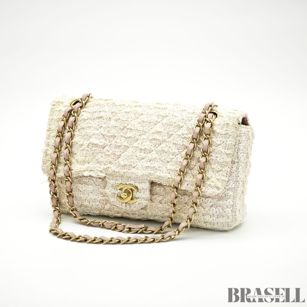 Chanel Matelassé Tweed Chain Shoulder Bag Pink White  Woman