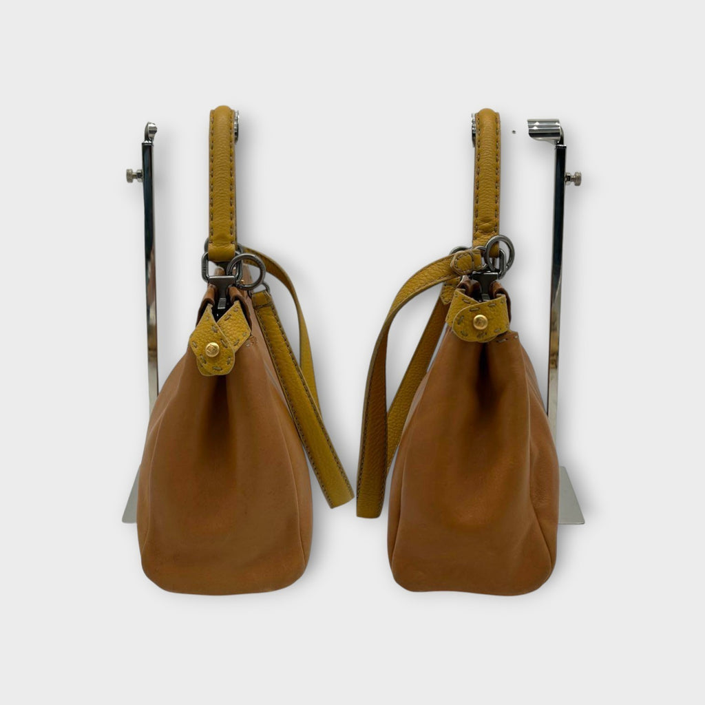 Fendi Selleria 2Way Handbag Shoulder Bag Leather Stitch Beige Yellow 【A】
