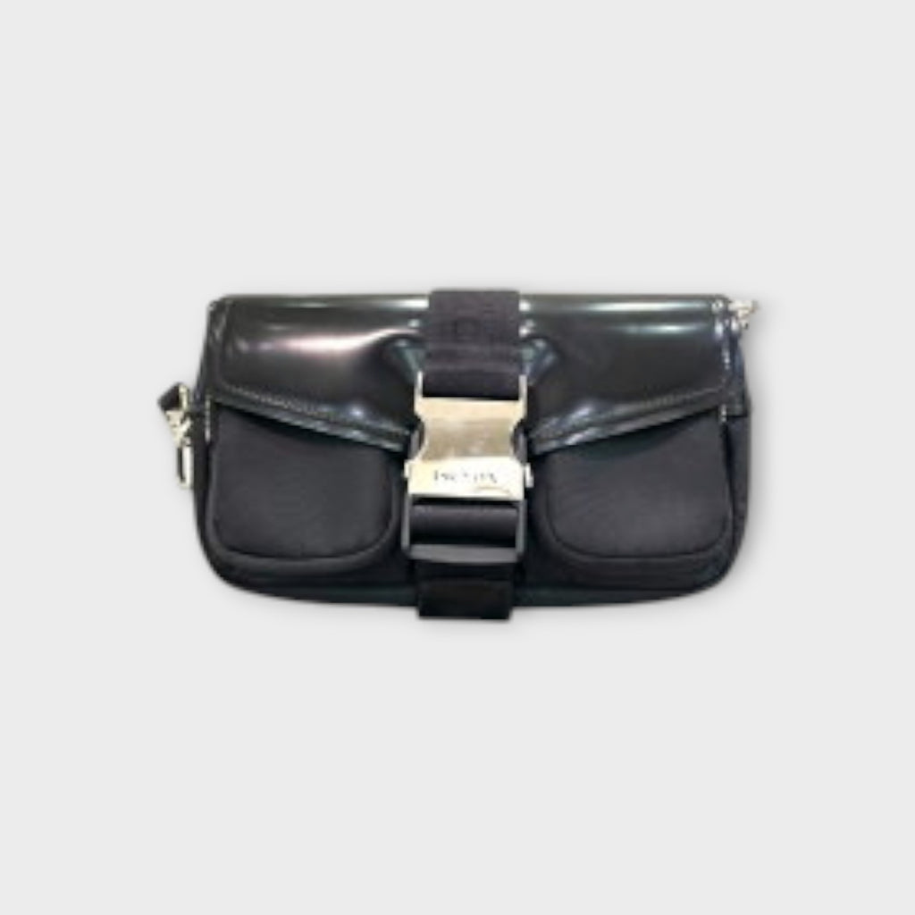 Prada Brushed Leather Shoulder Bag 1BD295 Black Patent Leather【B】