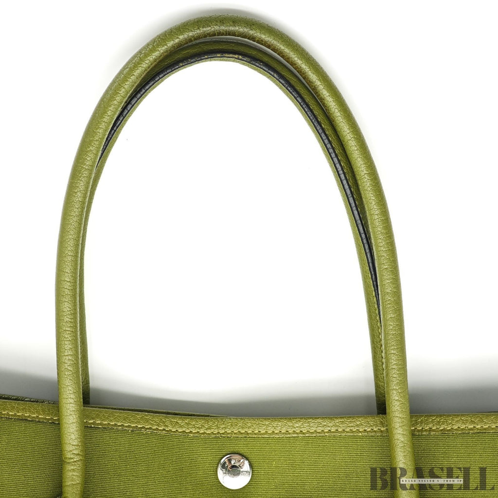 HERMES Garden Party MM Green Cobalt Canvas Leather Tote Bag Women’s